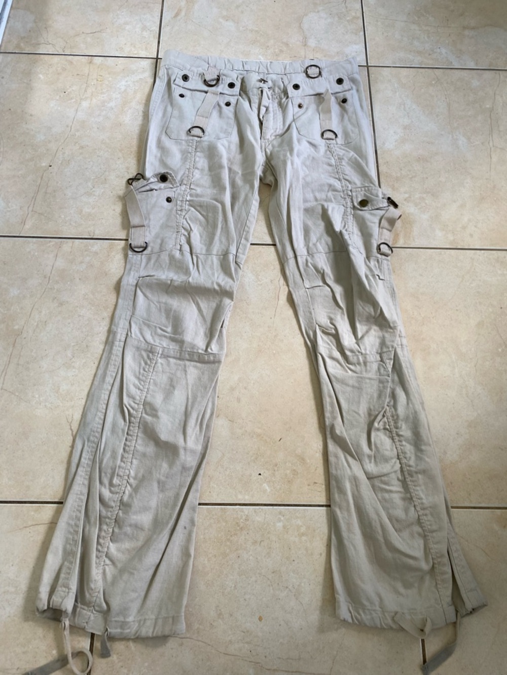 Light Beige Cargo Utility Pants with Ring Accents